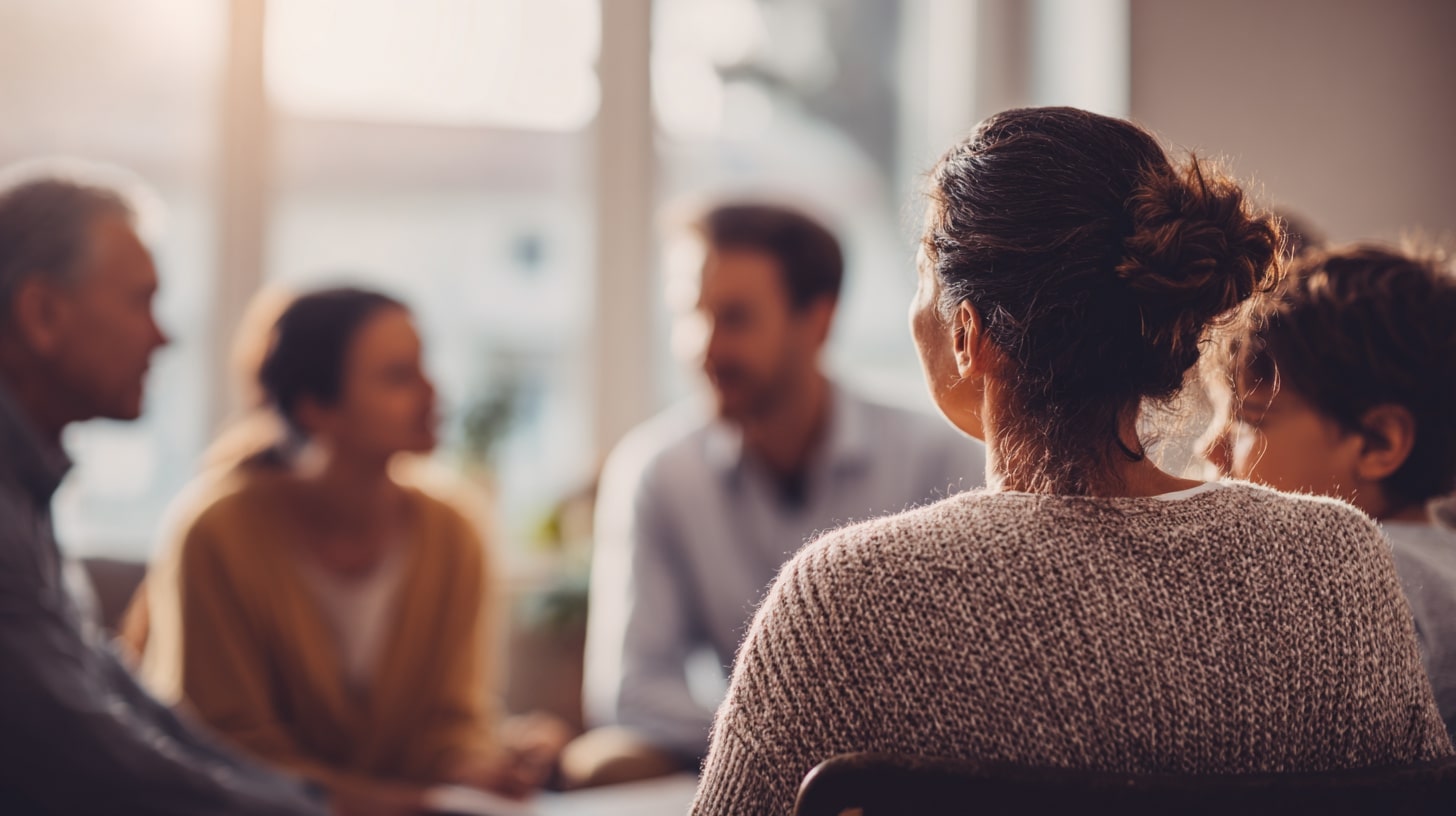 Travailleur social échangeant avec une famille pour les orienter vers les aides disponibles en Gironde.