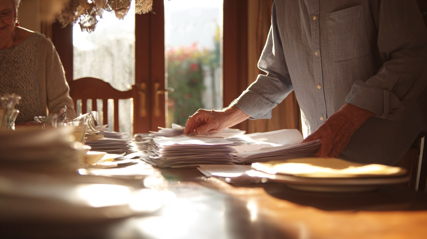 Aide apportée à une personne âgée pour remplir des documents de demande d’aide.