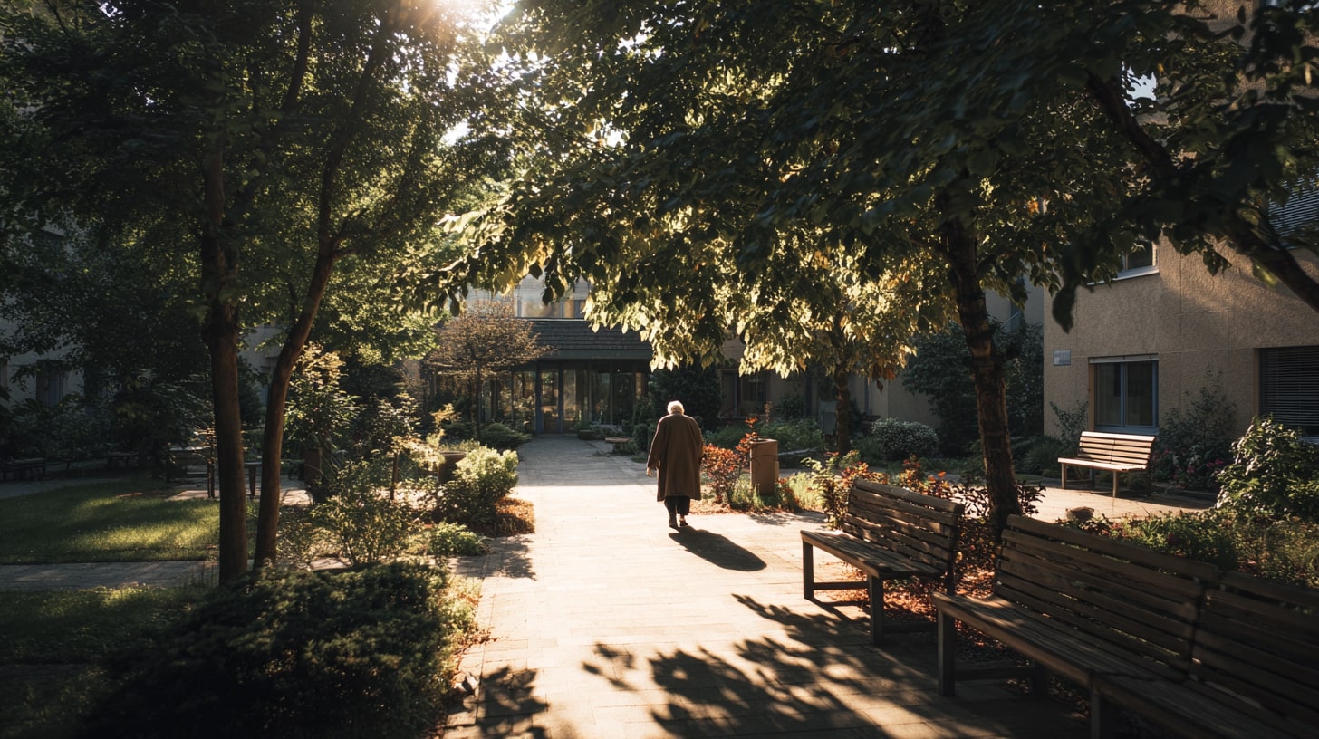 Personne âgée se promenant dans le jardin d’une résidence d’accueil en Gironde.